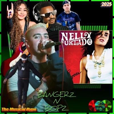 Nelly Furtado, Maneater: Bangerz N Bopz 🔥 No. 47 (2025) [📷: Brent Faulkner / The Musical Hype; Geffen; Bigshow Lamar Campton, Daniel Duarte, Eduardo López from Pexels; AcatXIo, djexpectations, OpenClipart-Vectors, Thai Zeo from Pixabay]